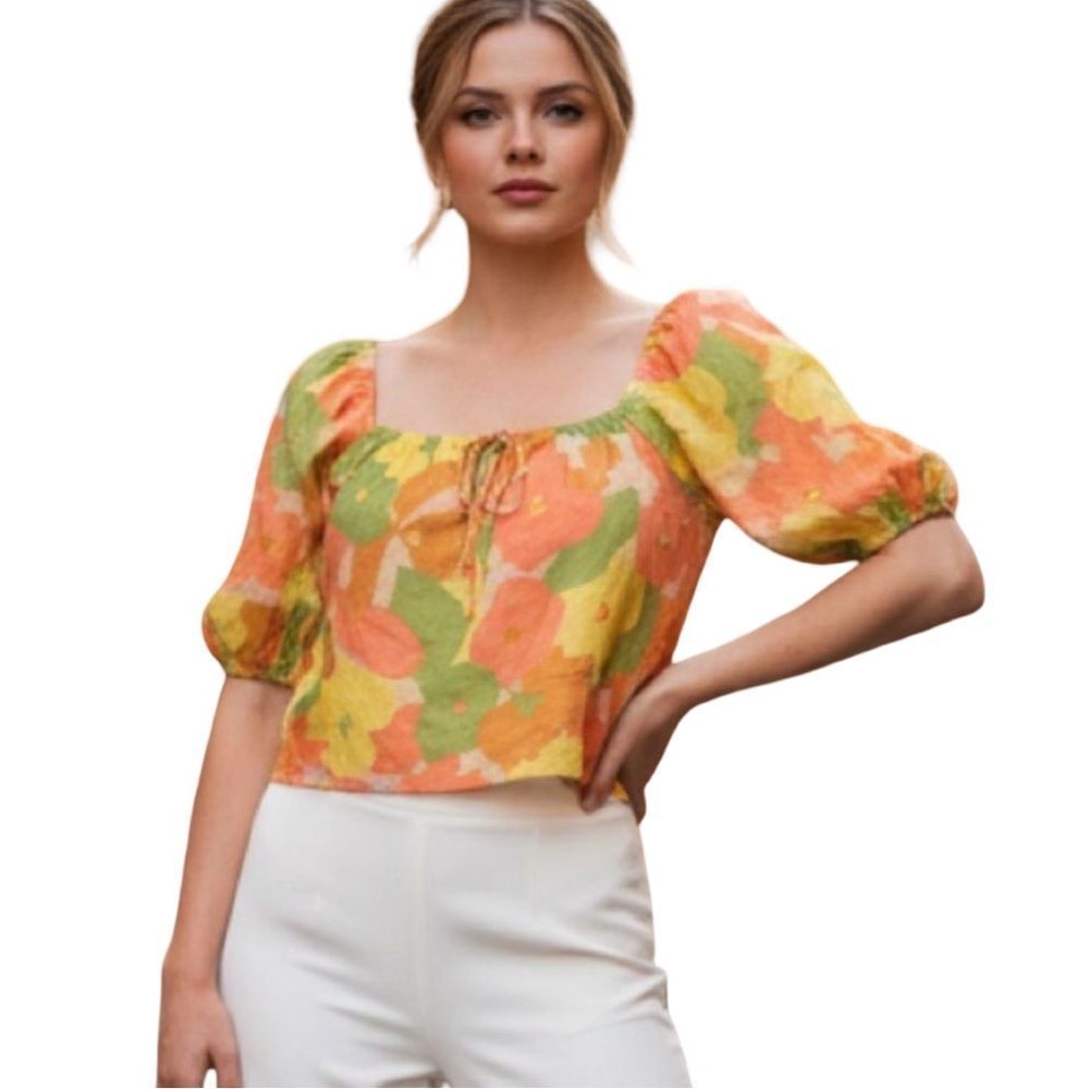 🛍️ SANCTUARY ANTHRO yellow green floral off shoulder cropped top blouse size sm